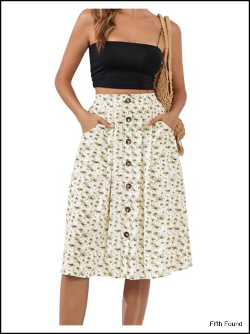 Naggoo Womens A-Line Midi Skirt with Pockets Front Button High Waisted